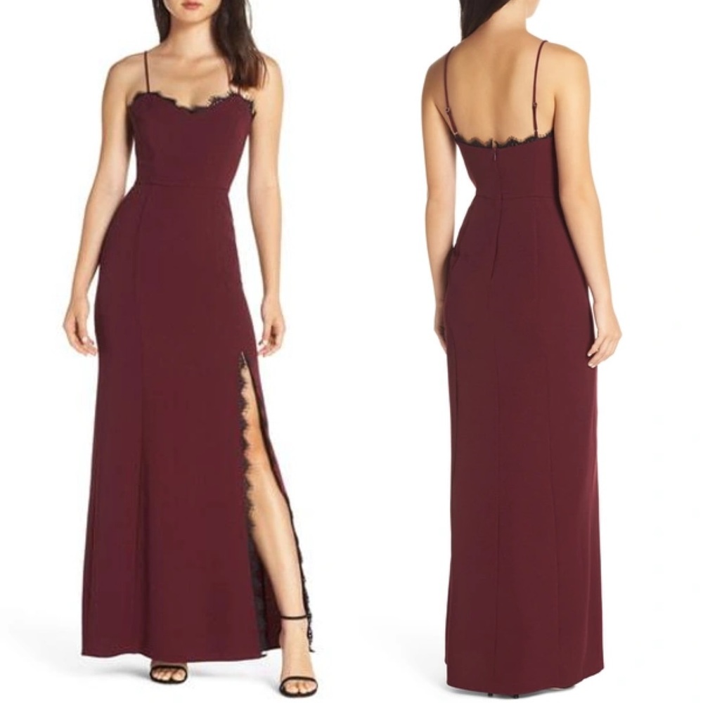 Wayf • The Mia Lace Trim Front Slit Gown In Cabernet